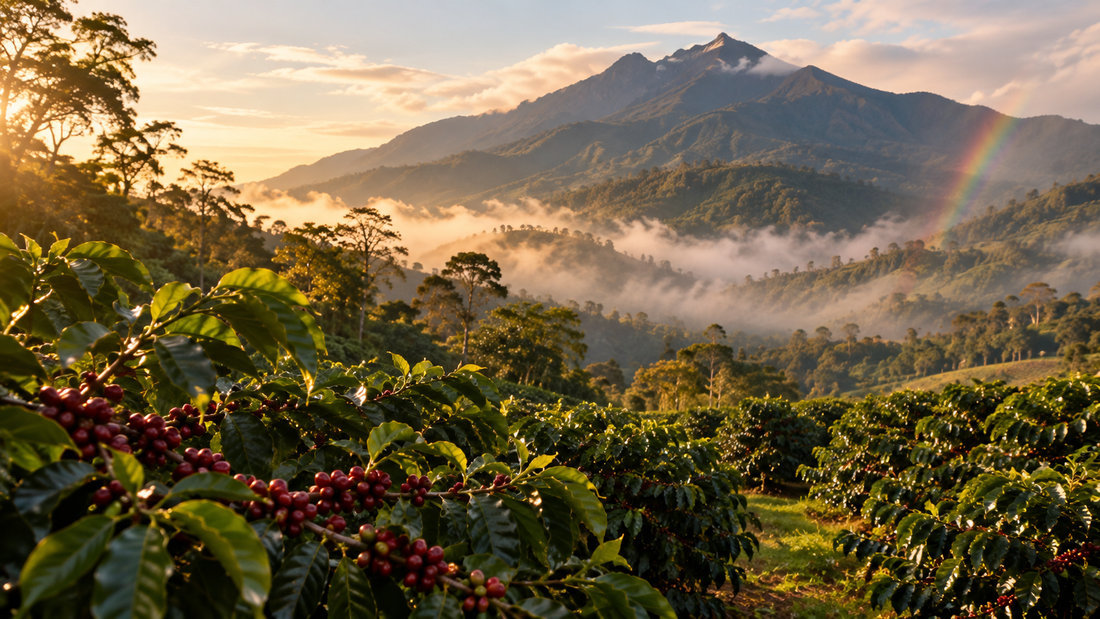 Coffee trees with ripe red cherries on a Boquete farm, with Volcán Barú and bajareque mist behind