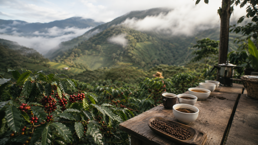 Boquete coffee farm tours: rows of ripe red coffee cherries on a misty Barú volcano hillside in Panama, with a farm tasting table set for cupping at the source