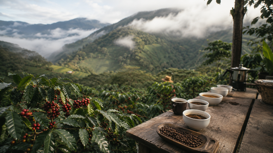 Boquete coffee farm tours: rows of ripe red coffee cherries on a misty Barú volcano hillside in Panama, with a farm tasting table set for cupping at the source