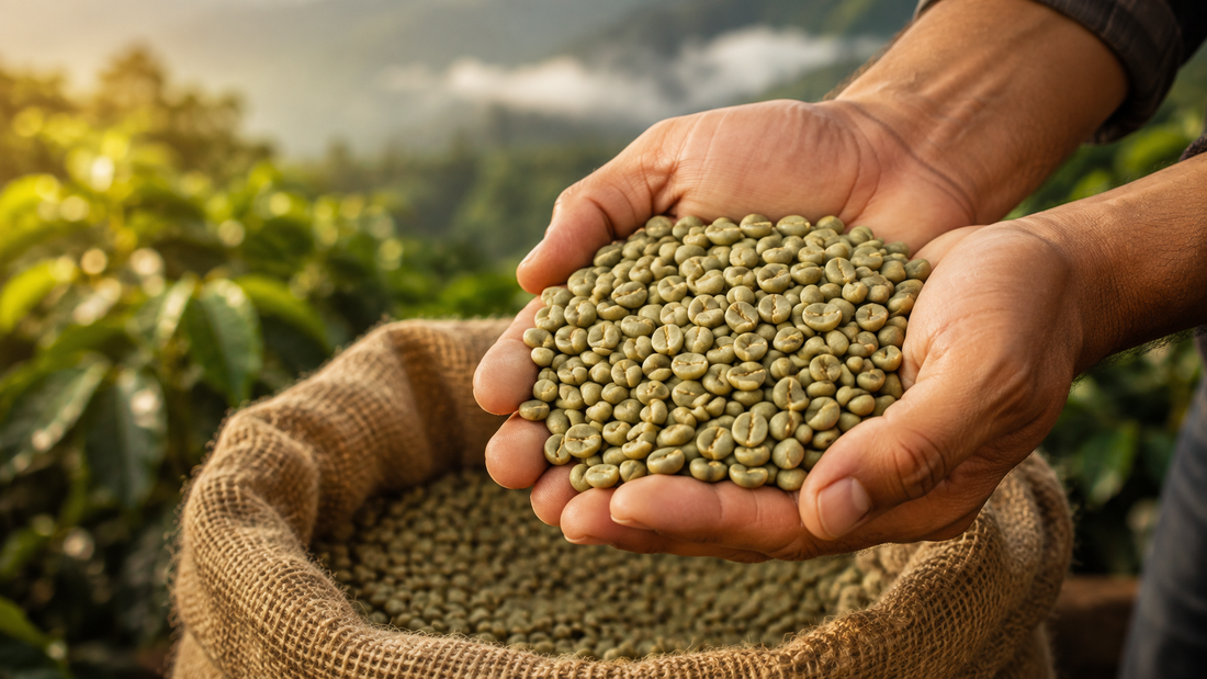 Hands holding raw green coffee beans at a coffee farm in Panama highlands