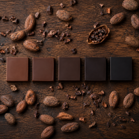 Dark chocolate squares arranged from low to high cacao percentage with raw cacao beans on a wood surface