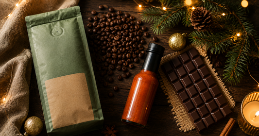 Panama coffee, chocolate, and hot sauce Christmas gift flat-lay with holiday decorations