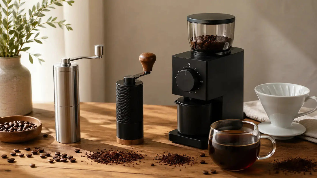 Three coffee grinders for pour over and specialty coffee — manual and electric burr grinders with freshly ground Panama coffee beans