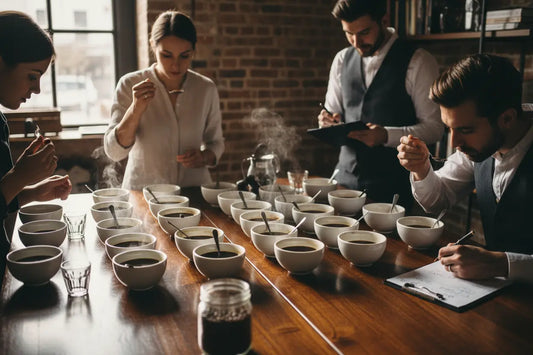 Best of Panama coffee competition cupping table with specialty coffee judges evaluating Panama Geisha and other varietals