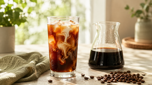 Tall glass of Panama cold brew over ice beside a concentrate carafe and coffee beans — the best coffee for cold brew.