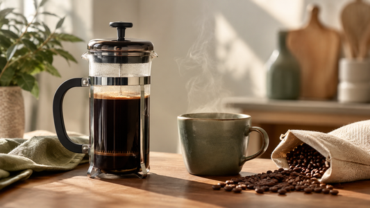 Glass French press with freshly brewed Panama coffee and whole beans on a wooden counter — the best coffee for a French press.