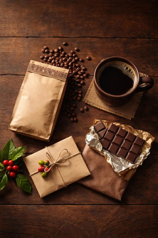 Panamanian coffee gifts on a wood table including specialty coffee beans, artisan chocolate bar, gift card, and a fresh cup of black coffee
