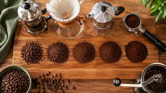 Coffee ground from coarse to fine beside a French press, pour-over dripper, moka pot, and espresso portafilter — a coffee grind size chart for every brew method
