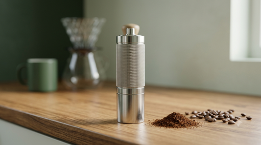 Best manual coffee grinders 2026: hand grinder with fresh grounds and beans on a wooden counter at sunrise