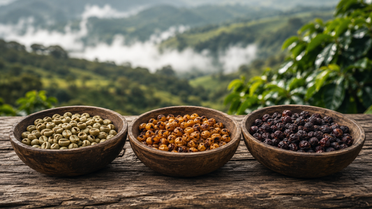 Washed, honey, and natural processed Panama coffee beans compared side by side in Boquete