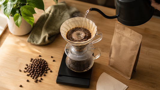 Black digital coffee scale with timer under a V60 pour-over dripper, brewing specialty coffee