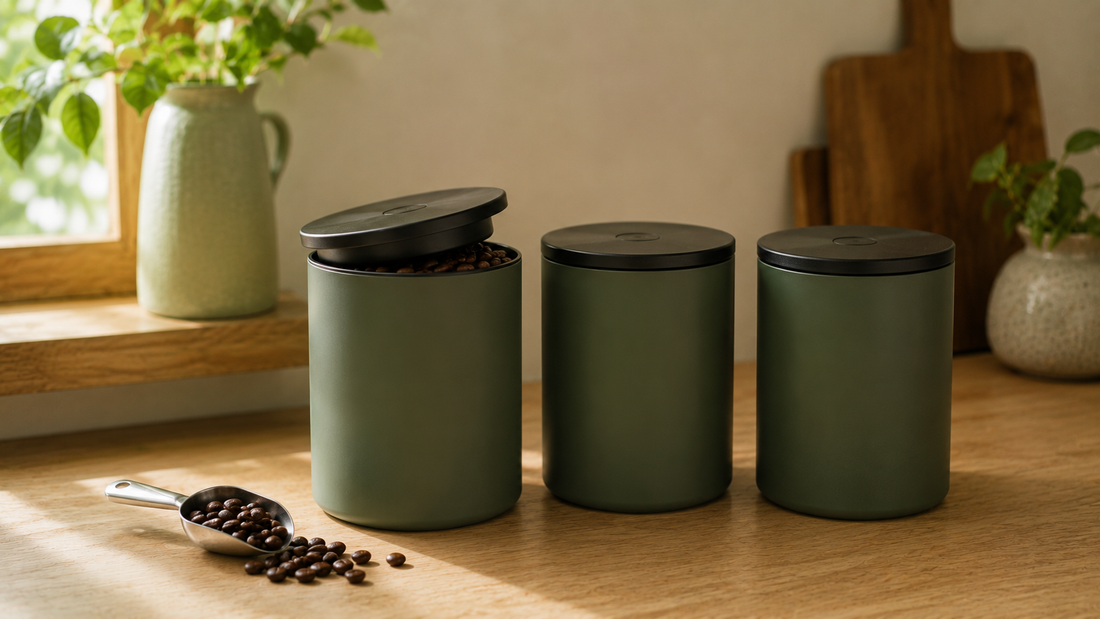 Airtight coffee storage canisters keeping whole beans fresh on a kitchen counter