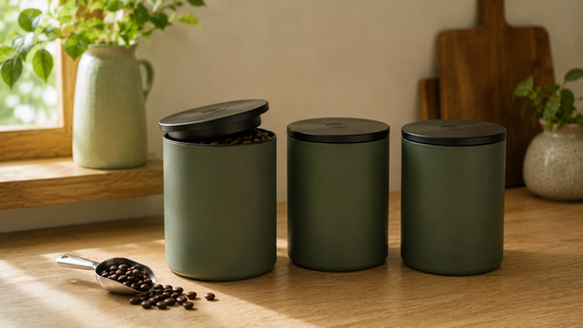 Airtight coffee storage canisters keeping whole beans fresh on a kitchen counter
