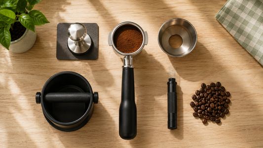 Espresso accessories flat-lay with a stainless tamper, bottomless portafilter, WDT tool and dosing funnel on a wooden counter