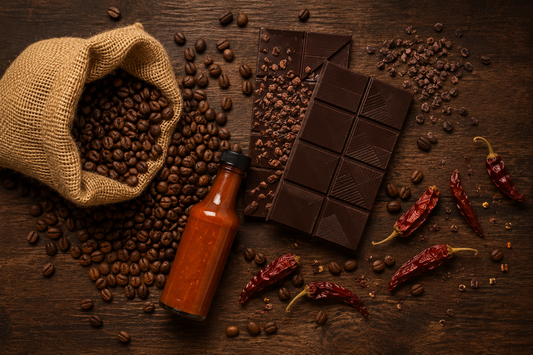 Father's Day gift set with Panama specialty coffee, artisan chocolate bars, and ají chombo hot sauce on a dark wood surface