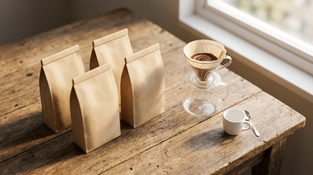 Four bags of Panama coffee on a wooden table beside a pour-over and an espresso cup