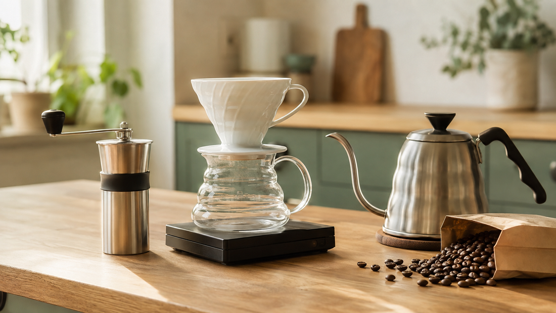 First specialty coffee setup under $200 — manual burr grinder, scale, gooseneck kettle and V60 pour-over dripper on a home counter