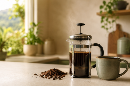 Glass French press with freshly brewed coffee, coarse grounds and a sage-green mug on a bright countertop