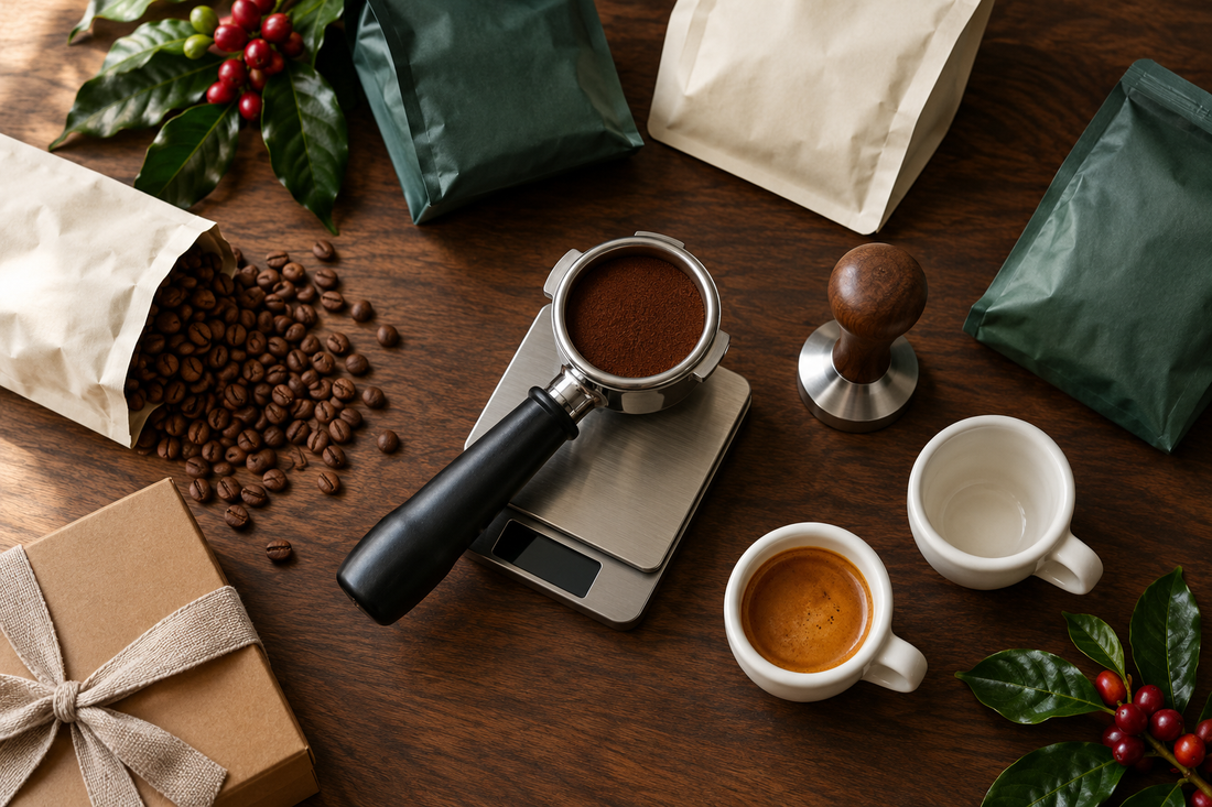 Gifts for espresso lovers: Panama specialty coffee bags, a bottomless portafilter, espresso cup with crema and a gift box on a wood counter