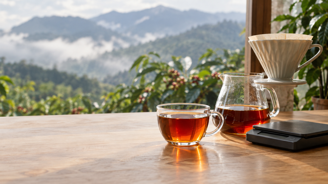 Glass cup of light-bodied Panama Geisha pour-over coffee beside a dripper and scale, illustrating how much caffeine is in Geisha coffee