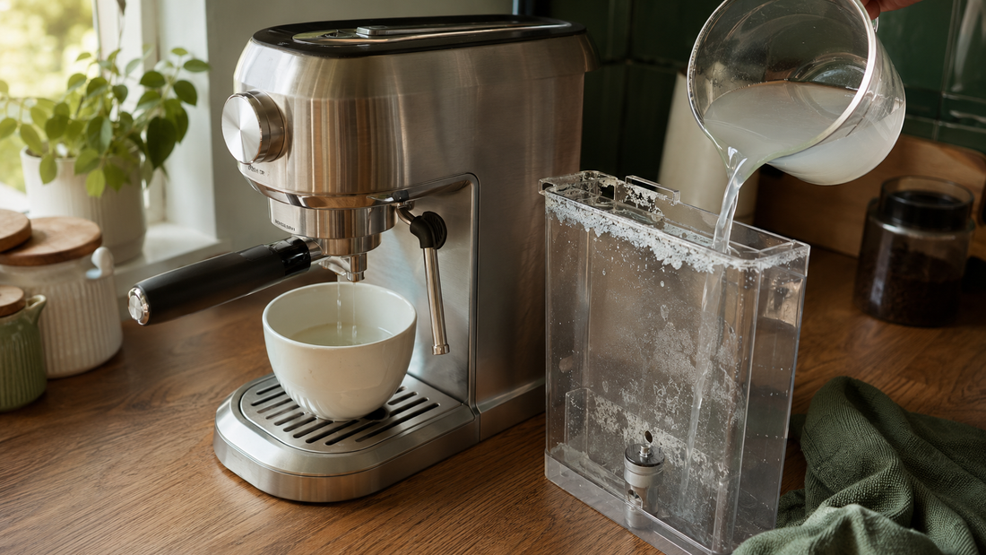 Descaling a home espresso machine: pouring descaling solution into the water tank while flushing the group head