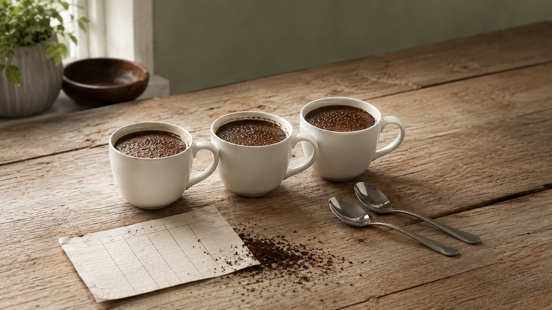 Three identical white mugs of coffee side by side with spoons and a handwritten score sheet, set up to host a coffee tasting at home