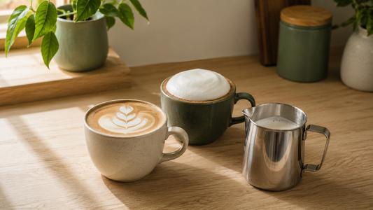 Latte with rosetta latte art and a foamy cappuccino beside a stainless milk pitcher on a wooden counter