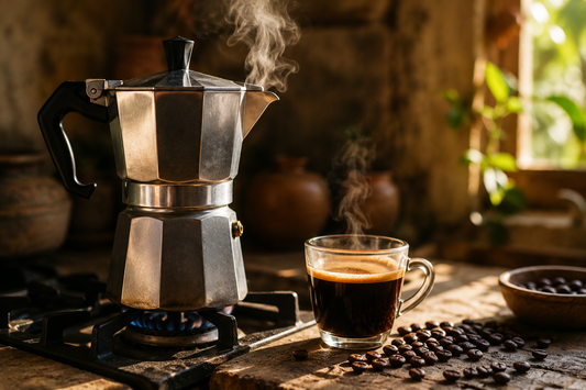 Classic aluminum Moka pot brewing on a stovetop beside a cup of espresso-style coffee and scattered roasted coffee beans