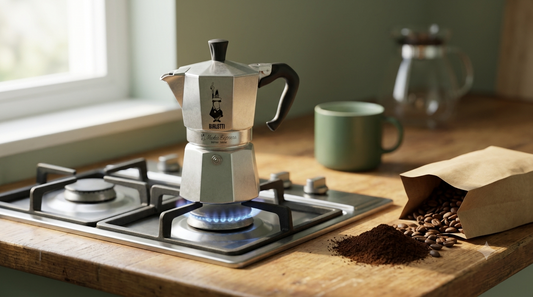 Best coffee for a Moka pot: Bialetti stovetop espresso maker on a gas burner with freshly ground Panama coffee beans