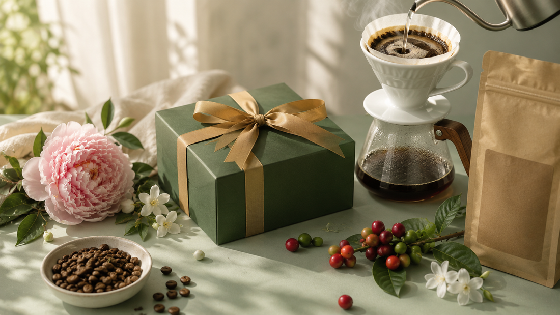 Mother's Day gifts for coffee lovers — Panama Geisha coffee gift box with pour-over brewer and fresh flowers