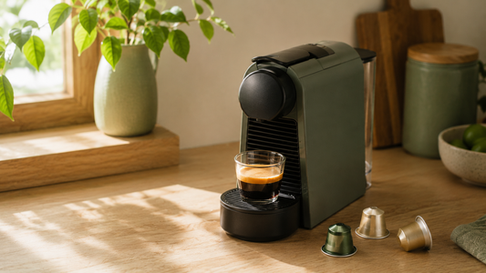 Capsule espresso machine brewing Panama specialty coffee on a warm kitchen counter