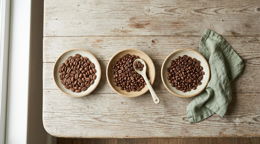 Large Pacamara coffee beans beside smaller Typica beans on a wooden table in Boquete, Panama