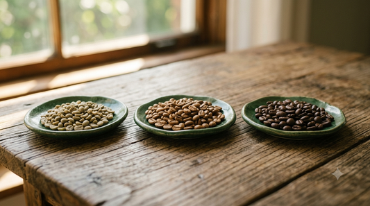 Panama coffee varieties compared: Geisha, Catuai and Caturra whole beans side by side from Boquete estates