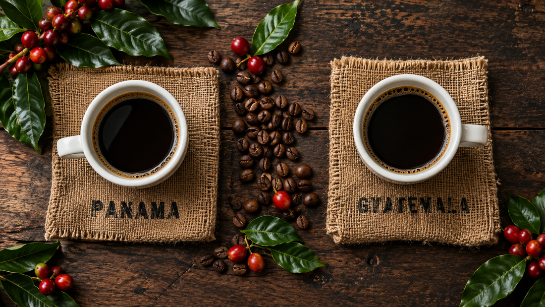 Panama coffee vs Guatemala coffee: two cups of black coffee on burlap sacks from each origin, with roasted beans between them