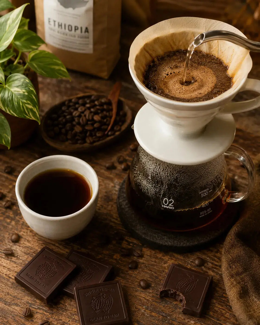 Panama coffee with Panama chocolate pairing on a wooden table with pour-over setup