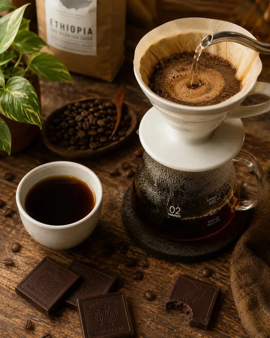 Panama coffee with Panama chocolate pairing on a wooden table with pour-over setup