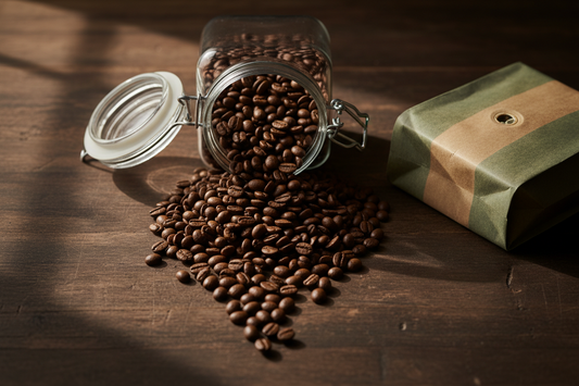 Whole coffee beans in an airtight canister on a dark wooden shelf, showing how to store coffee beans to keep Panama coffee fresh.
