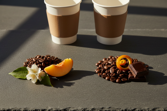 Panama coffee vs Costa Rica coffee comparison: two piles of roasted beans, one with floral and peach notes, one with citrus and chocolate notes