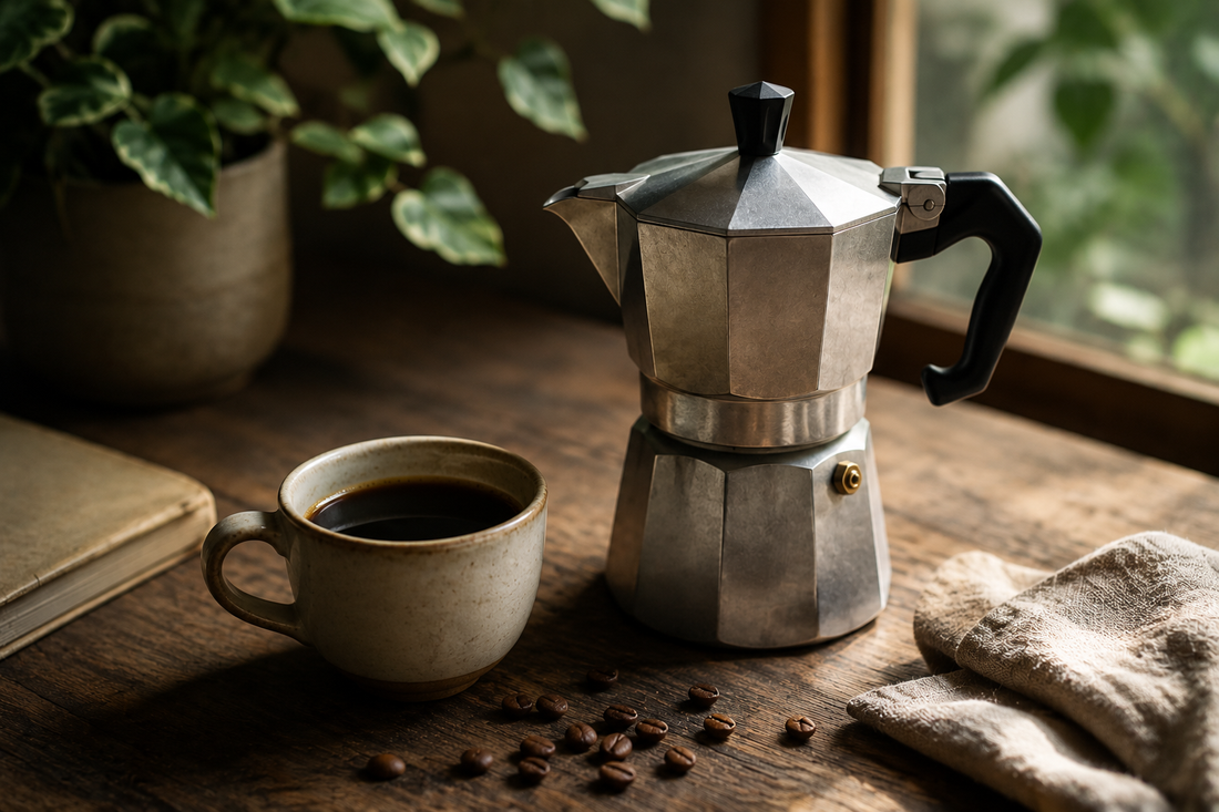 Moka pot and coffee cup on a rustic wooden table with coffee beans in warm natural light.
