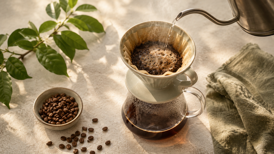 Pour-over coffee brewing with a gooseneck kettle and ceramic dripper beside Panama specialty coffee beans