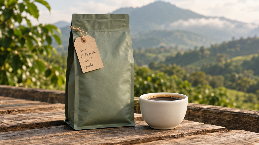 Single origin Panama coffee bag with farm lot tag on drying beds in Boquete