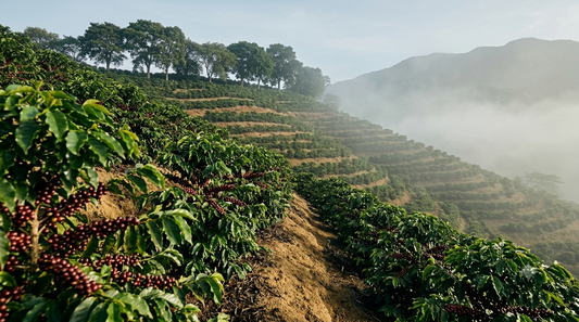 Steep coffee slope in Boquete, Panama, covered in ripe red cherries — too steep for machines, so every cherry is hand-picked.