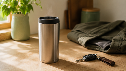 Insulated stainless steel coffee travel mug keeping coffee hot on a kitchen counter