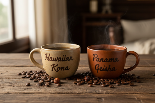 Side-by-side cups of Hawaiian Kona and Panama Geisha coffee on a wooden table