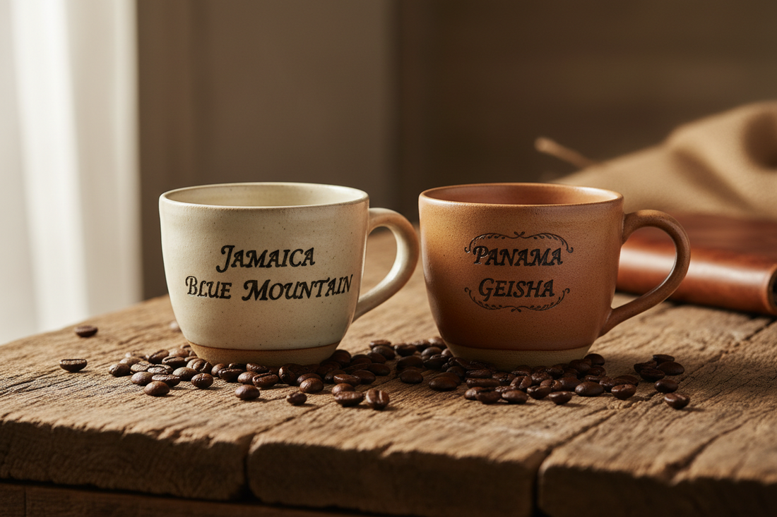 Side-by-side cups of Jamaica Blue Mountain and Panama Geisha coffee on a wooden table