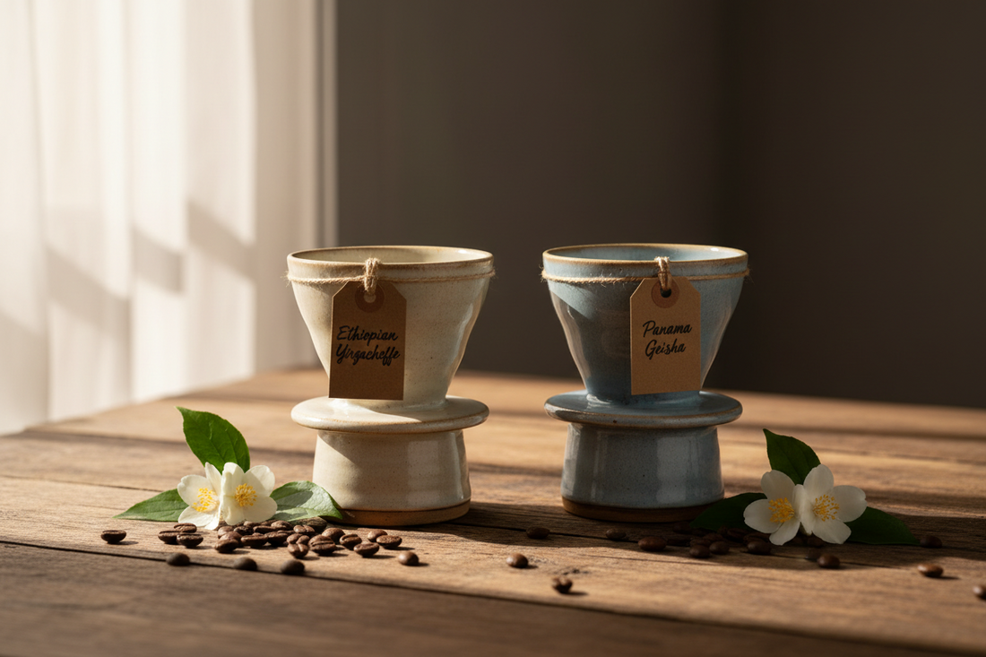Side-by-side cups of Ethiopian Yirgacheffe and Panama Geisha coffee on a wooden table