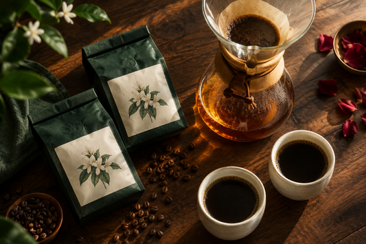 Panama Geisha coffee bags, a Chemex brewer and two cups with rose petals — Valentine's Day gifts for coffee lovers