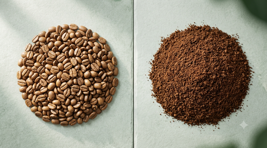 Whole bean coffee beside freshly ground coffee, comparing whole bean vs ground coffee side by side.