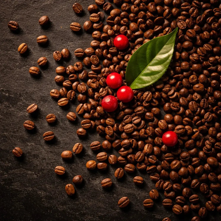 Specialty whole bean coffee from Boquete, Panama, with ripe red coffee cherries on dark slate