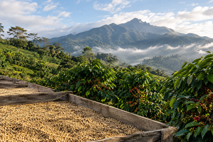 Coffee trees and a drying patio on a Boquete farm with Volcán Barú behind